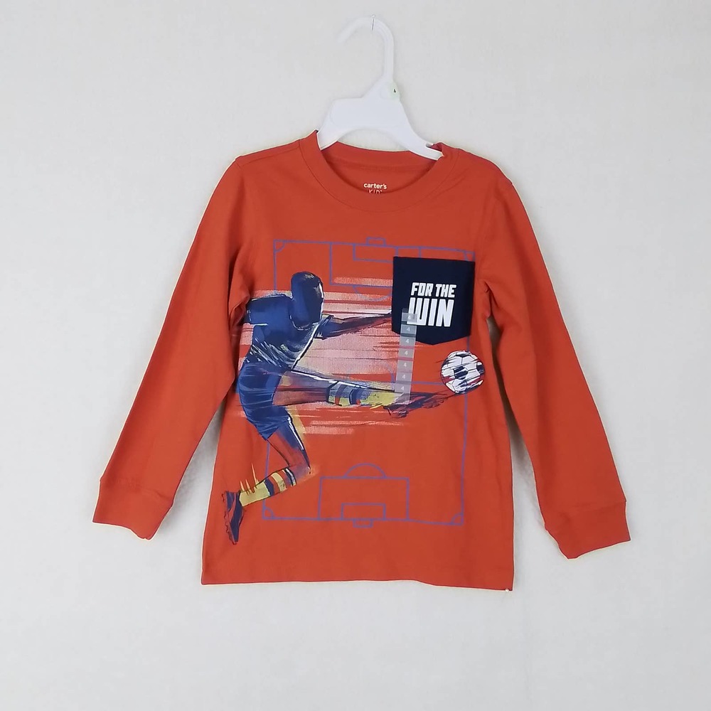 Carter's Long‎ Sleeve Cotton Graphic Tee Size 4 in Orange w/ Soccer Theme